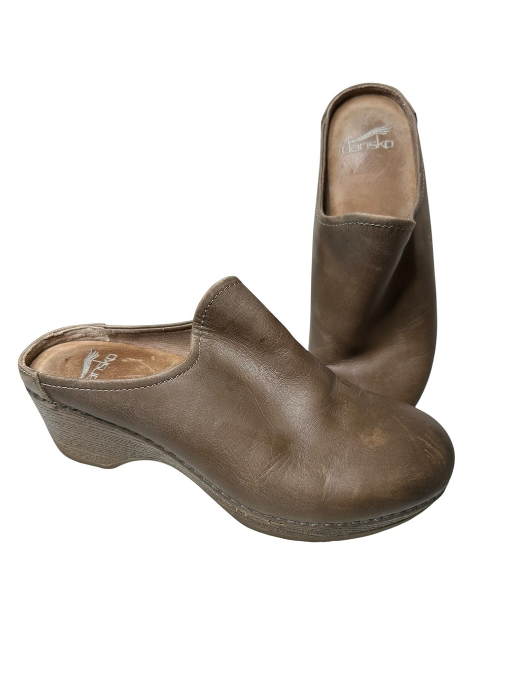 Dansko Melody Taupe Burnished Leather Slip On Comfort Wedge Mules Shoes Sz 37